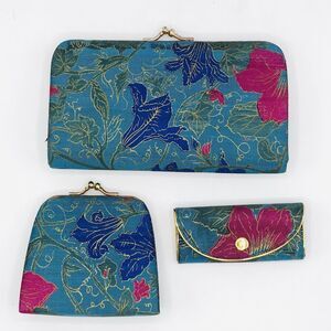 Vtg 1970s Floral Cosmetic Make Up Coin Purse Travel Floral Matched Accessories